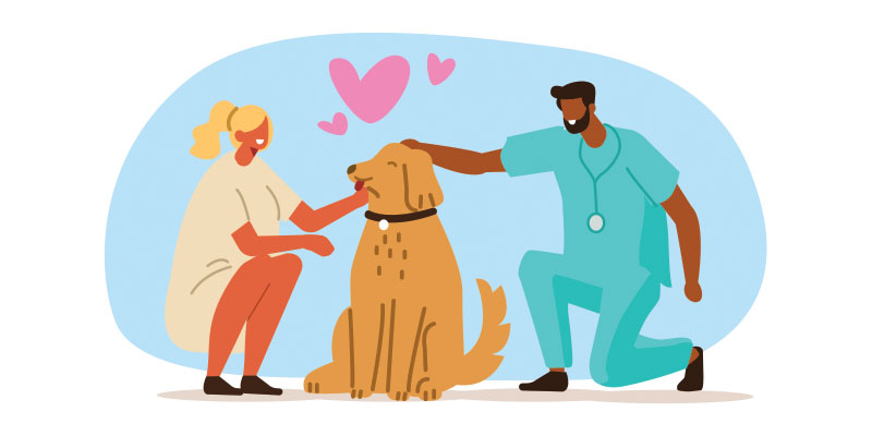 illustration of dog with a woman and male vet